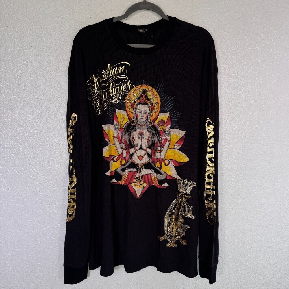 Christian Audigier Shirt Mens 2XL Buddha Flower Rhinestone Y2K Streetwear NEW